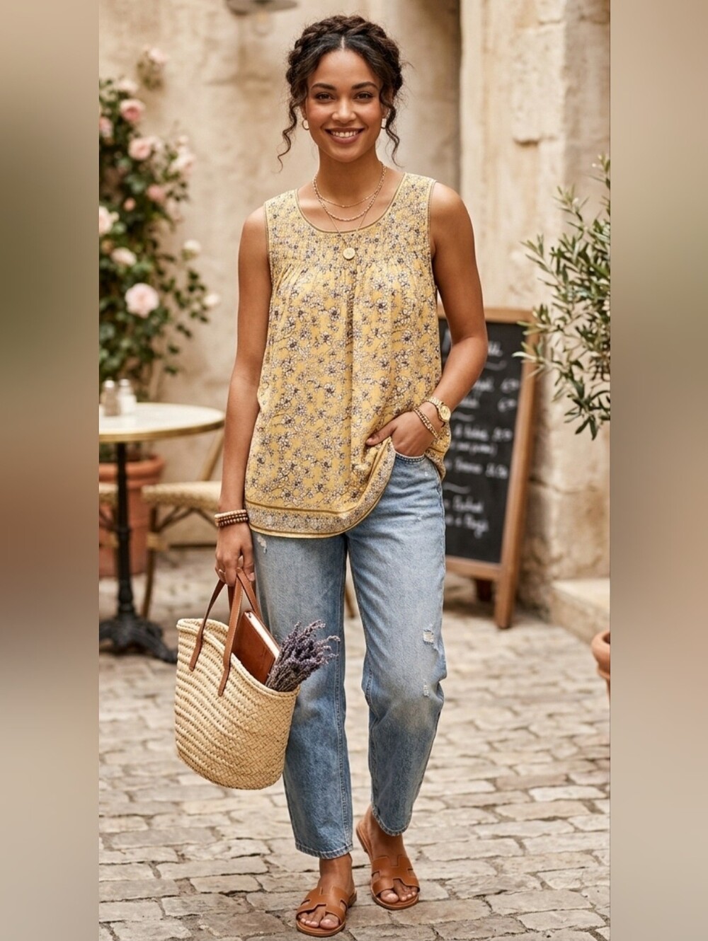 Max Studio Yellow Whimsical Cottagecore Romantic Floral Smocked Tank Top
